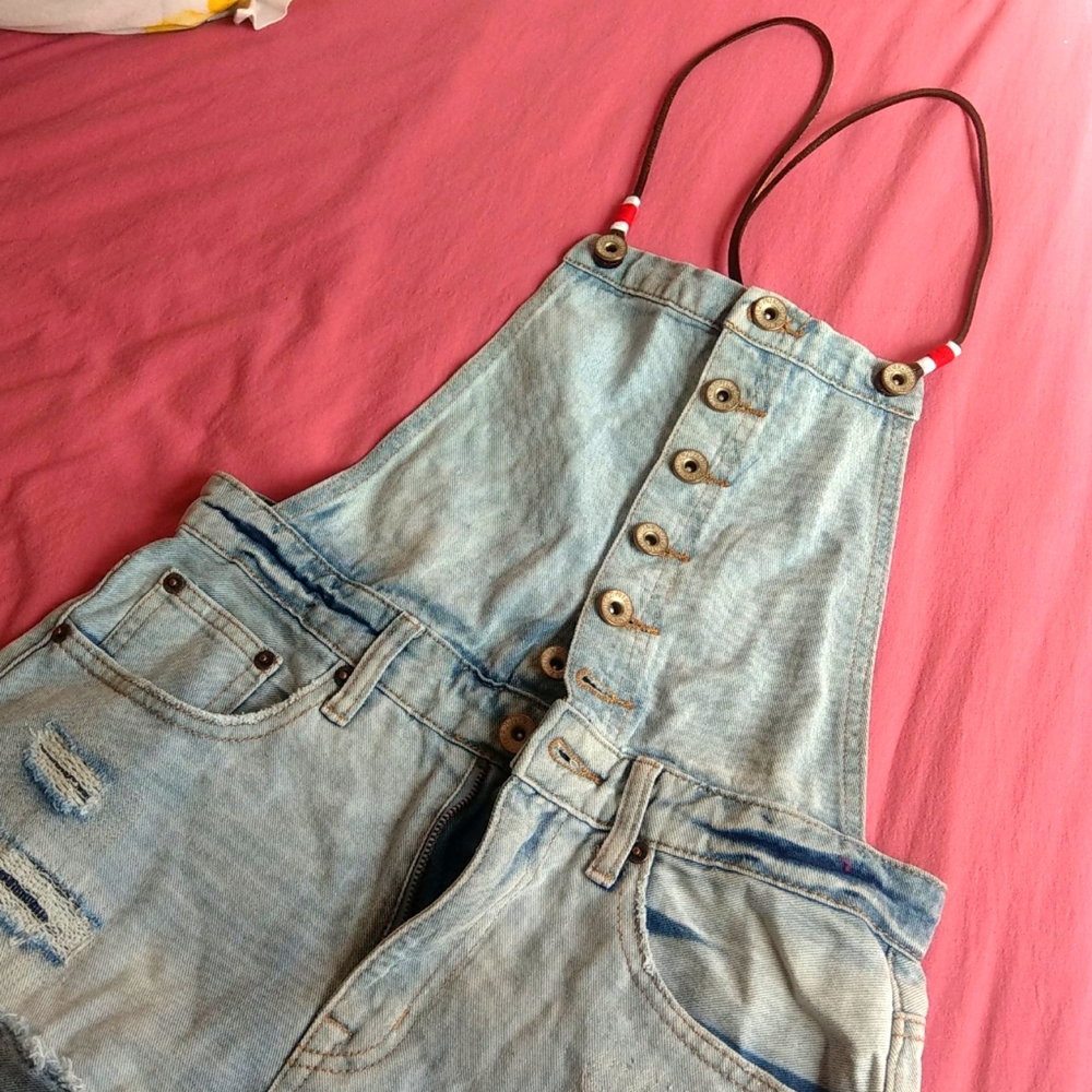 NWOT denim short onesie leather straps jumpsuit